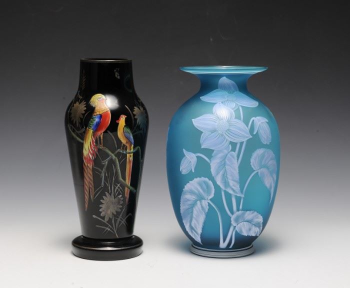 (2) 1930s Hand Painted Glass Vases
