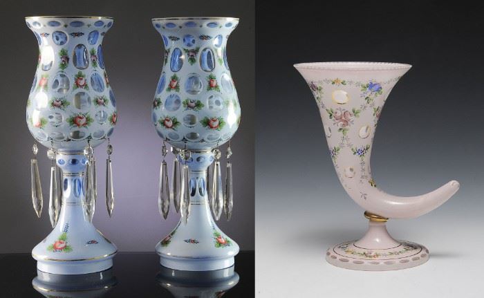 (3) Czech Bohemian Glass Lustre Lamps Horn Vase