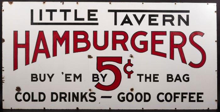 Porcelain Little Tavern 5 Cent Burgers Sign