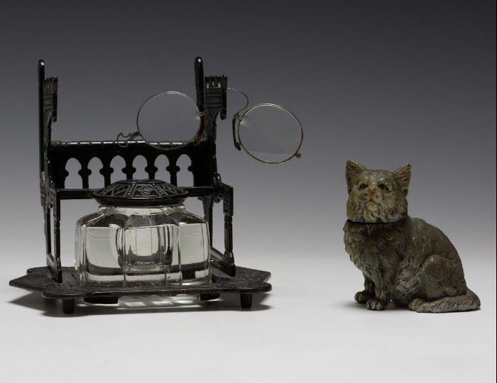 (2) Metal Inkwells, Seated Cat & Aesthetic Period