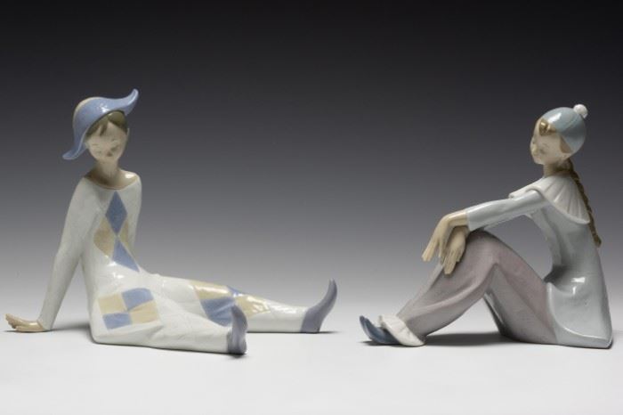 (2) Lladro Porcelain Seated Pierrot and Harlequin
