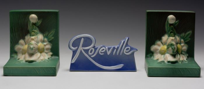 (3) Roseville Pottery Peony Bookends & Dealer Sign