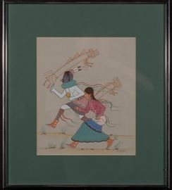 Robert Chee Gouache Painting Girl and Kachina