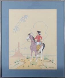 Robert Chee Gouache Painting Girl and Horse