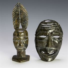 (2) Eskimo, Hand-Carved Soapstone Face Sculptures