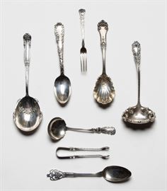 (8) Sterling Silver Utensils Tongs, Serving Spoons
