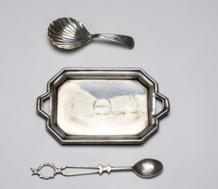 (3) Antique English Silver Spoons & Tray
