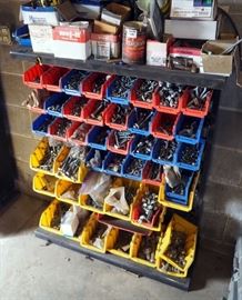Large Assortment Of Hardware, Nuts, Bolts, Washers And More Includes Bins And Parts Bin Rack