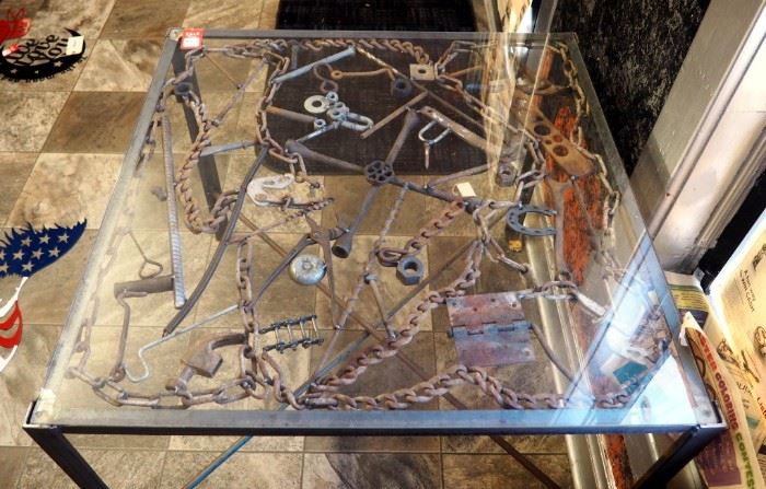 Custom Welded Scrap Metal Kitchen Table With Glass Top 29" x 36.75" x 36.5"