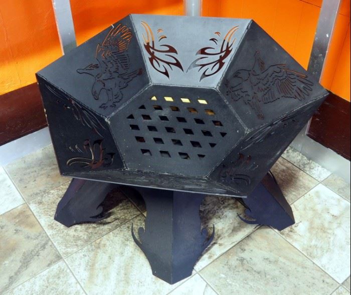 Six Sided Plasma Cut Steel Fire Pit With American Eagle 21"H x 42" x 36"
