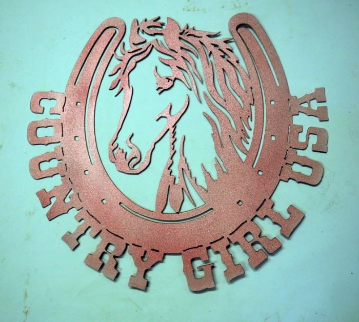 Plasma Cut Steel Wall Art, Country Girl USA Horse Shoe And Horse 23" x 24"