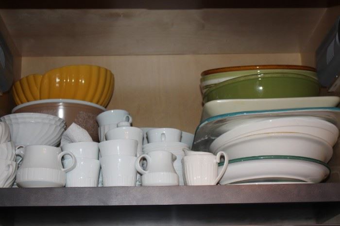 Mugs, Sugar Bowl and Creamer with Assorted Platters and Bowls