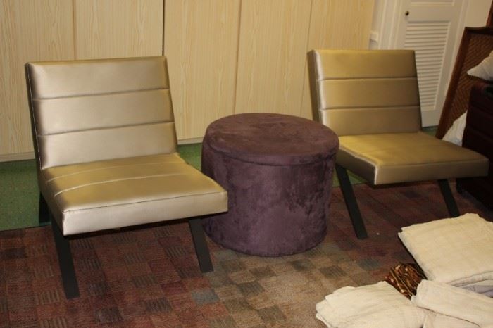 Pair of Contemporary Chairs and Round Hassock