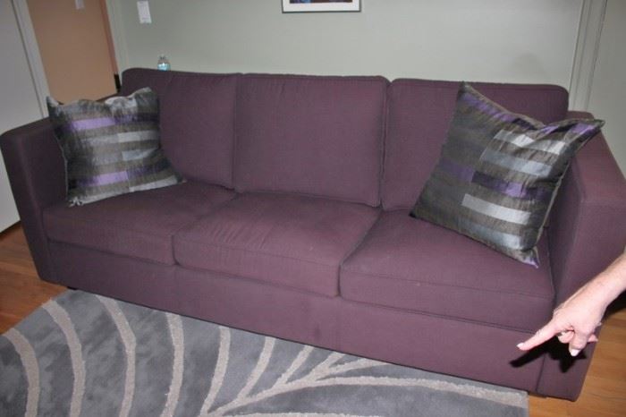 Purple Sofa with Accent Pillows and Rug