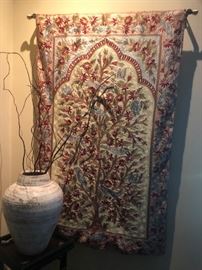 DECORATIVE: TAPESTRY AND LARGE URN