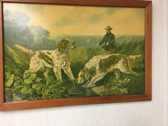 Print Hunting Scene man with two dogs