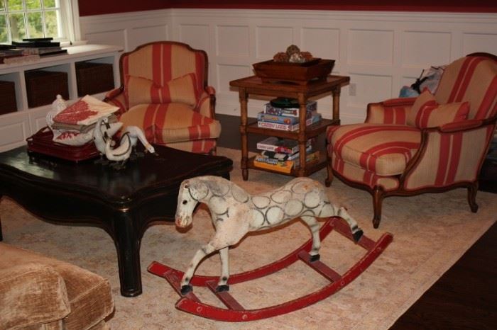 Pair of Occasional Chairs with Antique Rocking Horse, Occasional Table and Coffee Table