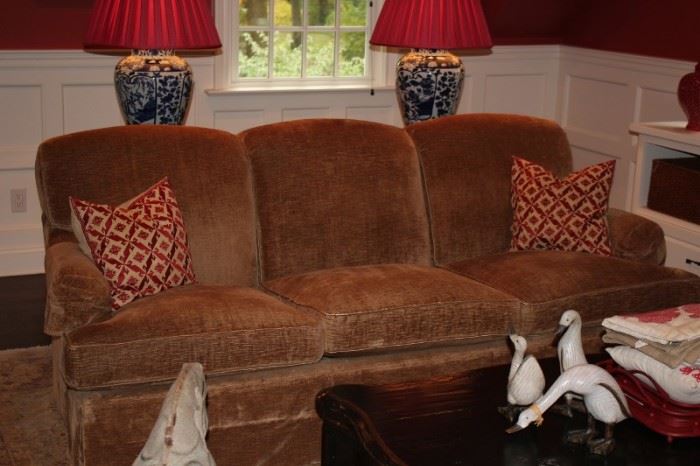 Sofa, Decorative Pillows and Pair of Lamps