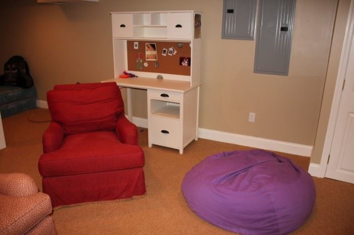 Recliner and Bean Bag Chair with White Desk