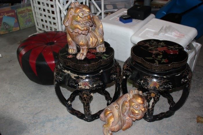 Pair of Asian Style Tables and Foo Dogs with Round Ottoman