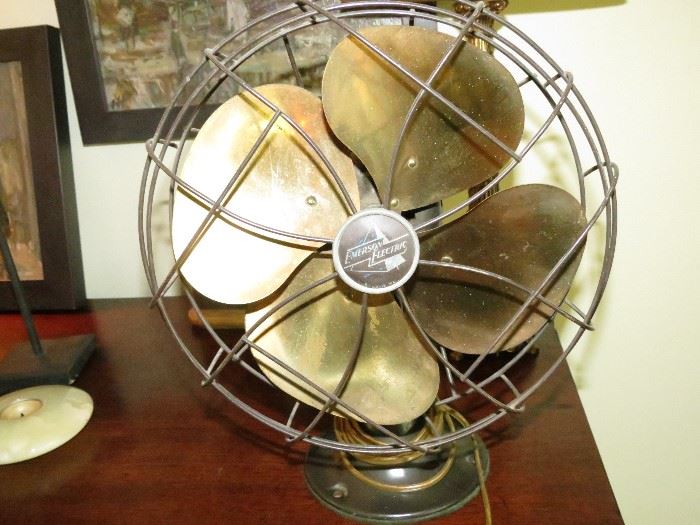 VINTAGE FAN WITH BRASS BLADES.