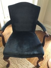 Mahogany carved arm chair with cool blue velvet upholstery $200