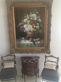 Leg Still life oil on canvas small French cabinet and chairs