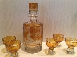 Bohemian Liqoure Set with Hunting Scene