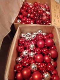 2 Boxes of silver, red and red satin plastic ornaments good for indoor or outdoor use