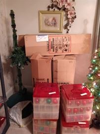 Large pre lit designer tree with ornaments and nice storage boxes