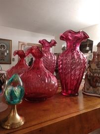 Fenton cranberry glass vases, art glass