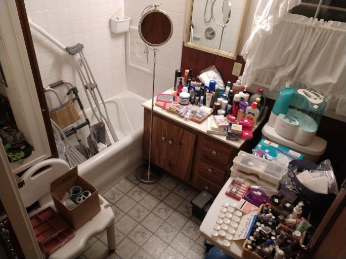 Huge selection of toiletries, invalid care items, wheelchair, stand mirror