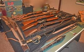 Variety of Shotguns Marlin Remington Mossberg Winchester, Flintlocks Turkish Sword, Fencing Sword, Matidore Sword Not Shown