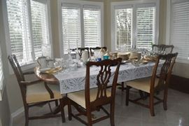 Mahogany Table Chairs and Crystal Vase, Tea Set, Stemware
