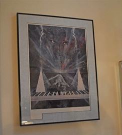 Piano Keyboard with Wolf Lady by Michael Whipple, aka,Sky Jones (Michael Whipple)-Born 1947, in the reconstruction period right after the war, Michael R. Whipple had making art and music in his blood from the beginning. He has produced over 18,000 individual paintings, etchings, original jewelry, ceramic and sculpted pieces. He has done at least 20,000 drawings of figures.