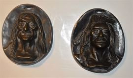 Charles Morel Russell CMR Indian Portrait Plaques, Charles Marion Russell (1864-1926). Young Man and Old Man. Pair of brass Indian plaques. Each 4½" x 3½" apx. bronze.