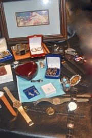 Nieman Art, TIffany Leather Box, Gold Earrings, Watches, 4.25 Blue Topaz