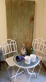 Collapsible bistro set. Barn door with original paint