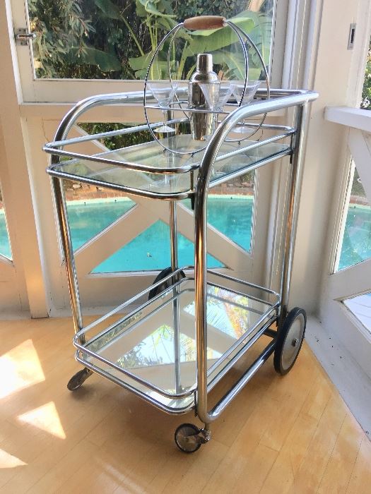 Mid-Century Chrome and Glass Bar Cart with Vintage Shaker and Cocktail Set