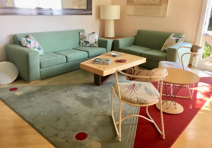 Sofa and Loveseat, Sea Foam Green by "Modernica"; Custom Carpet by Sandy Davidson .  All create a chic and welcoming setting. 