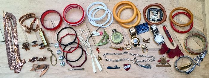 Bangles, Brooches, Beads,  including early Robert E. Morris Ring , Bakelite Scotty Pin from Ali McGraw, and other 20th C. Treasures