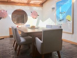 Custom Designed Birch and Mahogany Dining Table with Modernist Chairs; Beveled Round Pink Mirror