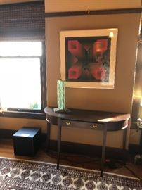 console table, Nancy Mee glass art and modern abstract