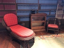 wicker chaise, chair and a antique oak lawyers bookcase neon heart sign also for sale asking $120 for bookcase which is 34"w x 13"d x 38"high