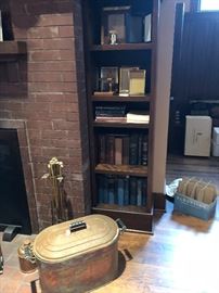 copper lidded bucket, vintage law books, duck head brass fireplace tools