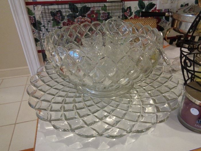 massive punch bowl w/ cups & glass ladle