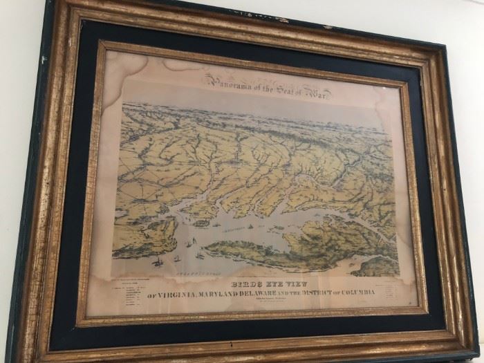 Antique framed "Panorama of the Seat of War". "Birds Eye View of Virginia, Maryland, Delaware, and the District of Columbia". Located above fireplace on main floor. 