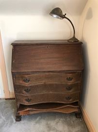 Antique desk. Save me! Antique brass goose-neck lamp in working order.