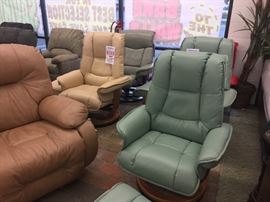 2 Low Profile Leather Chairs with Ottomans -1-Tan/1-Sage