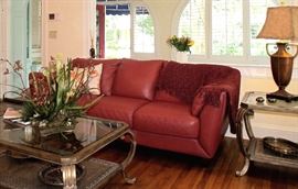 91 Inch Imported Italian Leather Sofa with Glass Sofa Table & 2 Glass Side Tables